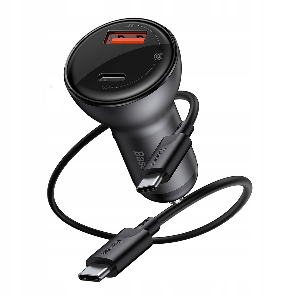 Baseus Digital Display PPS Dual Quick Charger Car Charger 45W With Mini Cable Type-C to Type-C 3A Black 1m (TZCCBX-C0G)