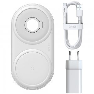Baseus Planet 2in1 cable Winder+Wireless Charger (Wireless Charging Quick Charger 12V/2A + USB Type-C 3A 1m) White (WXPL-B02)