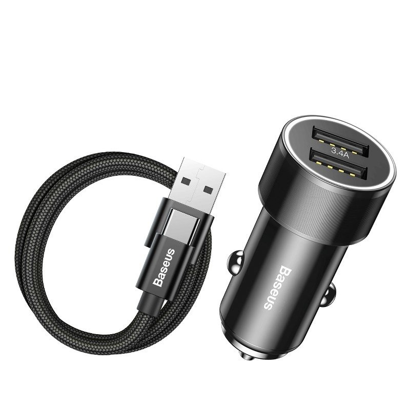 Baseus Small Screw 3.4A Dual-USB Type-C Car Charging Set Black (TZXLD-B01)
