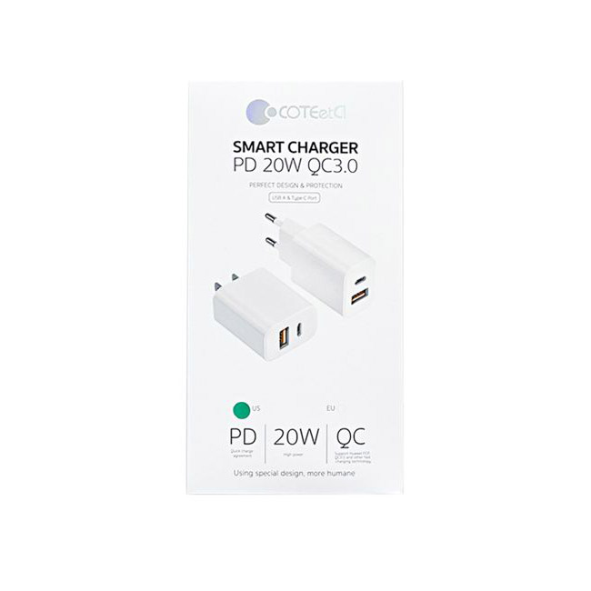 COTEetCI Smart Charger PD 20W QC3.0 (USB-A&Type-C) White (CS8870-U)