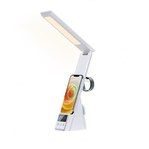 Ebora L-011 Folding Desk Lamp With Stand Wireless Charger for iPhone13 + Apple Watch + Airpod With Clock White