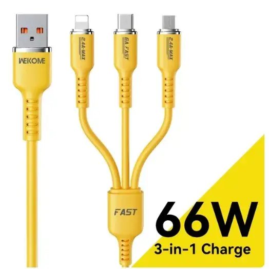Wk Wekome Tint Series Real Silicon 3-in-1 Super Fast Charging Data Cable 66W Yellow (WDC-07th)
